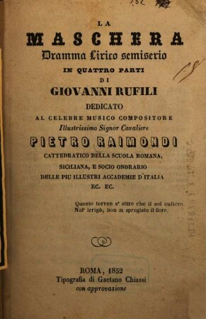 La maschera : dramma lirico semiserio in quattro parti