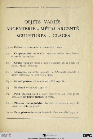 Objets Variés – Argenterie – Métal Argenté – Sculptures – Glaces (Nr. 79-104)