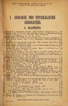Lager-Verzeichnis ..., 27. Geologie, Petrographie, Mineralogie u. Krystallographie, Paläontologie : Inhalts-Verzeichnis umstehend