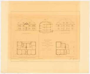 Wohnhaus für vier Familien: Grundriss 1:200: Keller, Erdgeschoss, Dachgeschoss; Aufriss 1:200: Vorderansicht, Gartenansicht; Querschnitt 1:200