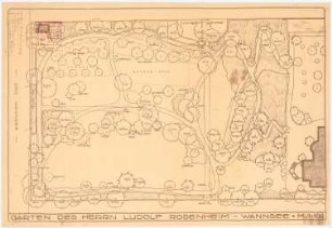Garten Rosenheim, Berlin-Wannsee: Grundriss der Gartenanlage mit Höhen- und Pflanzenangaben, (Lichtpause von Inv.-Nr. 41067) mit Einzeichnung 1:100