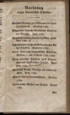 Nachtrag einiger ökonomischen Schriften.