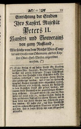 Einrichtung der Studien Ihro Kayserl. Majestät Peters II. ...