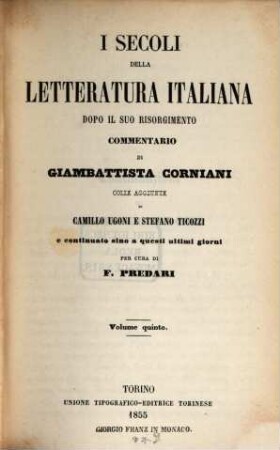I secoli della letteratura italiana dopo il suo risorgimento. 5