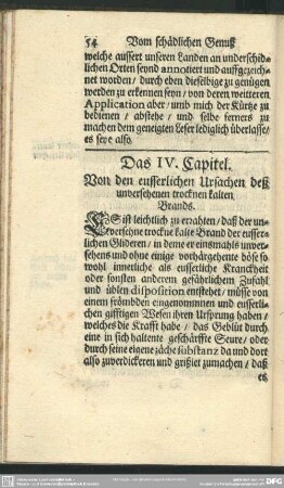 Das IV. Capitel. Von der eusserlichen Ursachen deß unversehenen trocknen kalten Brands