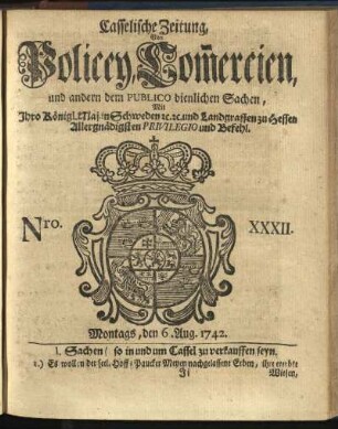 Nro. XXXII, Montags, den 6. Aug. 1742