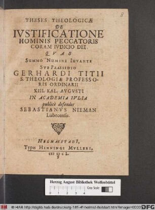 Theses Theologicae De Iustificatione Hominis Peccatoris Coram Iudicio Dei