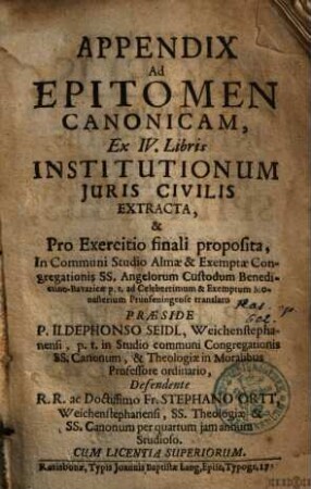 Appendix ad epitomen canonicam ex IV. libris institutionum iuris civilis extracta ...