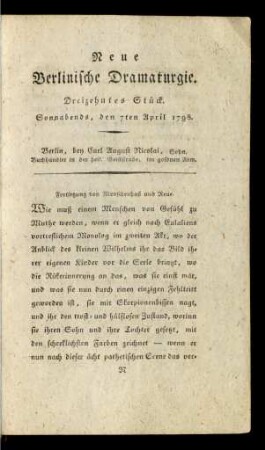 Dreizehntes Stück. Sonnabends, den 7ten April 1798