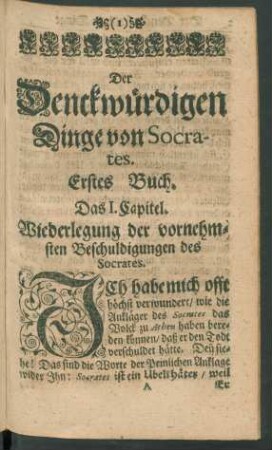 Der Denckwürdigen Dinge von Socrates. Erstes Buch.