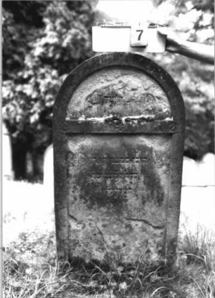 Grabstein 7 (Index: 100110946) Material: Sandstein Zustand: im Giebel stark verwittert mit großem Textverlust, im unteren Teil stark verwittert ohne Textverlust Maße HxBxT: 129x64x10 cm Beschreibung: Stele, Rundbogenabschluß, Schriftfelder eingetieft Symbolik: 1 Rosette, 2 Pseudoschrauben: Grabstein 7