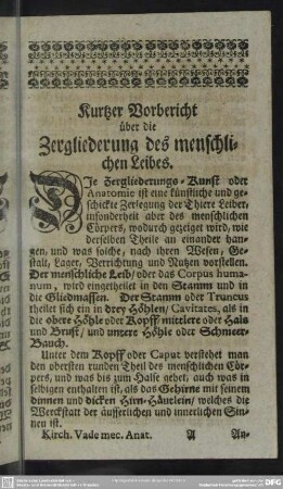 Kurzer Vorbericht über die Zergliederung des menschlichen Leibes