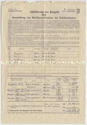 Ausgefülltes Formular über die Ablieferung von Bargeld im Rahmen der Währungsreform 1948