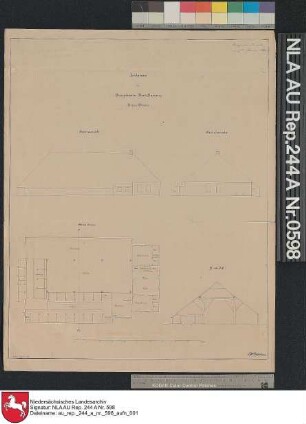 Seitenansicht, Giebelansicht, Grundriß und Profil vom Platzgebäude Nord-Harsweg in HARSWEG Zeichnung von Steffen Papier Format 36,8x45,5 M 1:212