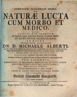 Dissertatio inauguralis medica, De naturae lucta cum morbo et medico