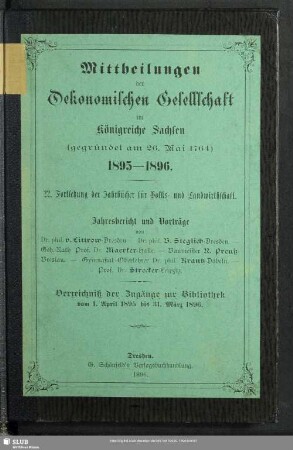 1895/96: Bibliothek der Ökonomischen Gesellschaft im Königreiche Sachsen : Zugänge vom ...