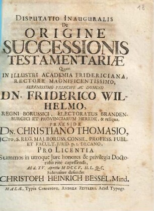 Disputatio inauguralis de origine successionis testamentariae