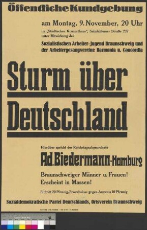 Plakat der SPD zu einer Wahlkundgebung am 9. November 1931 in Braunschweig