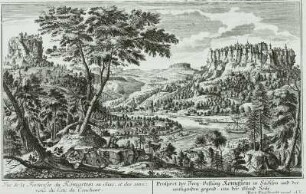Festung Königstein : Floß auf Elbe gegen Festung Königstein, Stich 18. Jh.