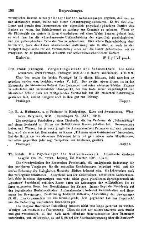 190, R. A. Hoffmann. Kant und Swedenborg. 1909