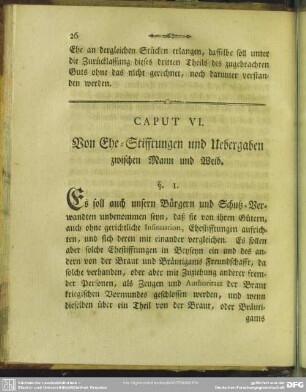 Caput VI. Von Ehe-Stifftungen und Uebergaben zwischen Mann und Weib