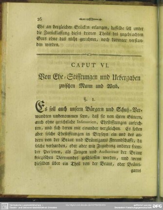 Caput VI. Von Ehe-Stifftungen und Uebergaben zwischen Mann und Weib