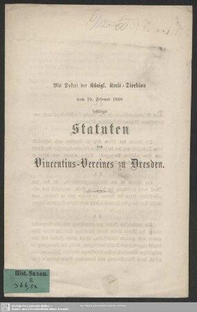 Statuten des Vincentius-Vereins zu Dresden