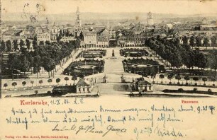 Postkartenalbum August Schweinfurth mit Karlsruher Motiven. "Karlsruhe - Panorama"