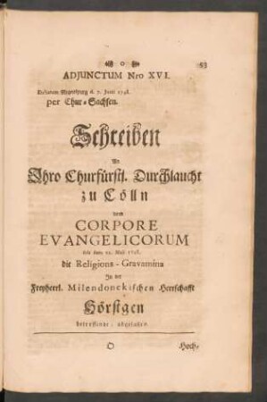 Adjunctum Nro XVI. Dictatum Regenspurg d. 7. Junii 1748. per Chur-Sachsen. ...