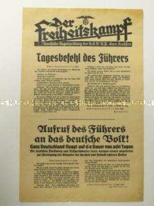 Nachrichtenblatt der sächsischen NSDAP-Zeitung "Der Freiheitskampf" mit Kurzmeldungen von verschiedenen Kriegsschauplätzen