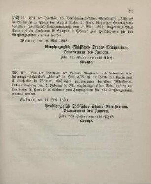 53. Ministerial-Bekanntmachung, betreffend Wechsel in der Hauptagentur der Lebens-, Pensions- und Leibrenten-Versicherungs-Gesellschaft "Iduna" in Halle a/S.