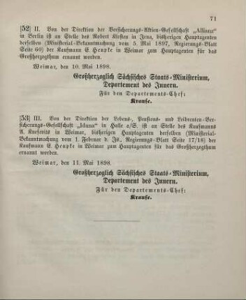 53. Ministerial-Bekanntmachung, betreffend Wechsel in der Hauptagentur der Lebens-, Pensions- und Leibrenten-Versicherungs-Gesellschaft "Iduna" in Halle a/S.