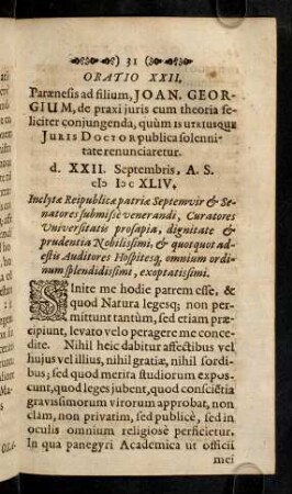 31-56, Oratio XXII. Paraenesis ad filium Joan.Georg.
