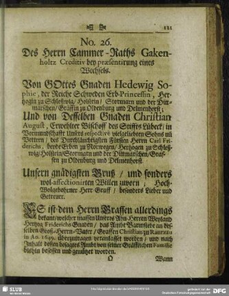 No. 26. Des Herrn Cammer-Raths Gakenholtz Creditiv bey praesentirung eines Wechsels