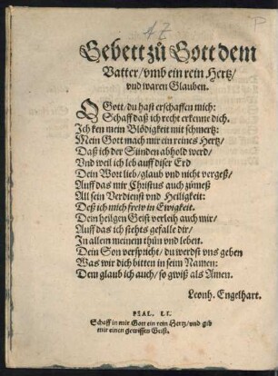 Gebett zu Gott dem Vatter/ umb ein rein Hertz/ und waren Glauben.