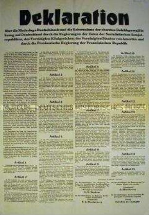Maueranschlag mit dem Text der Deklaration der Alliierten über die Niederlage Deutschlands im 2. Weltkrieg