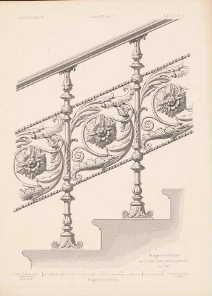Hauptgebäude der Christian-Albrechts-Universität Kiel: Detail des Geländers im Haupttreppenhaus (aus: Architektonisches Skizzenbuch, H. 154/1, 1879)