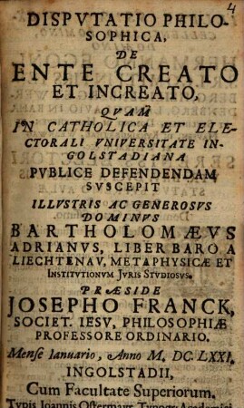 Dispvtatio Philosophica, De Ente Creato Et Increato