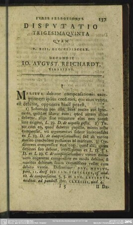 Disputatio Trigesimaquinta Quam D. XIII. Dec. MDCCLX. Defendit Io. August. Reichardt, Vinariens