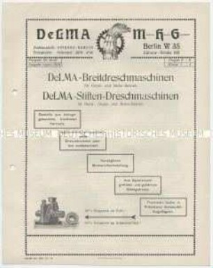 DeLMA-Breitdreschmaschinen für Göpel- und Motor-Betrieb und DeLMA-Stiften-Dreschmaschinen für Hand-, Göpel- und Motor-Betrieb.