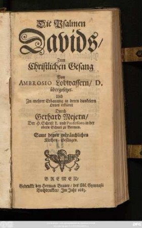 Die Psalmen Davids : Zum Christlichen Gesang