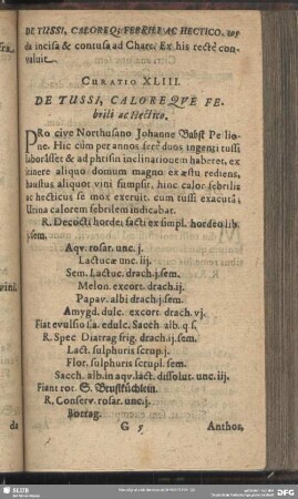 Curatio XLIII. [Curatio XLV.] De Tussi, Calore Que Febrili ac Hectico