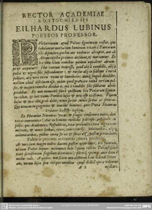 Rector Academiae Rostochiensis Eilhardus Lubinus Poeseos Professor