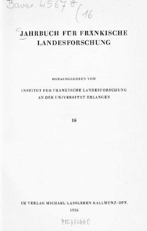 Jahrbuch für fränkische Landesforschung. 16. 1956