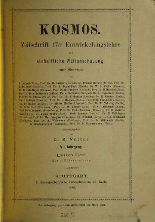 Kosmos : Zeitschrift für einheitl. Weltanschauung auf Grund d. Entwicklungslehre, 13 = Jg. 7. 1883