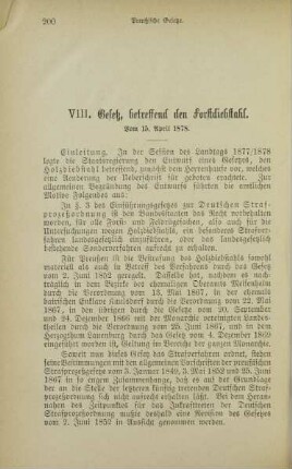 VIII. Gesetz, betreffend den Forstdiebstahl. Vom 15. April 1878.