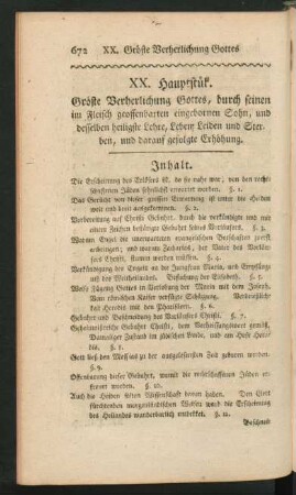 XX. Hauptstük. Größte Verherlichung Gottes, durch seinen im Fleisch geoffenbarten eingeborenen Sohn, ...