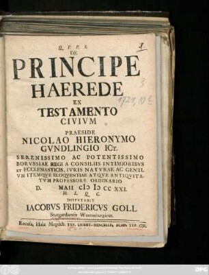 De Principe Haerede Ex Testamento Civivm