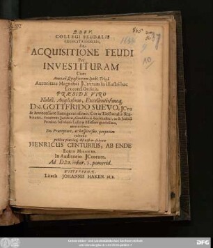 Collegii Feudalis Exercitationem, De Acquisitione Feudi Per Investituram