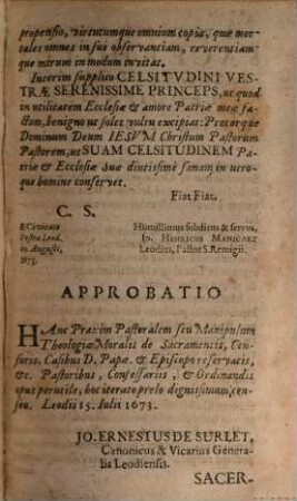 Praxis Pastoralis, Seu Manipulus Theologiae Moralis : De VII. Ecclesiae Sacramentis cum resolutione difficultatum circa illa occurrentium, de Censuris, Casibus D. Papae & Episcopo reservatis, cum dilucida eorum explicatione, de beneficiis, statu religioso, contractibus, de peccatis & dei praeceptis, ac de aliis multis; Opusculum Aureum Pastoribus, Confessariis, Ordinandis & Poenitentibus, non solum utilo, imo necessarium Et In Duas Partes Divisum ; accessit brevis et facilis methodus de quacumque materia cum fructu concionandi